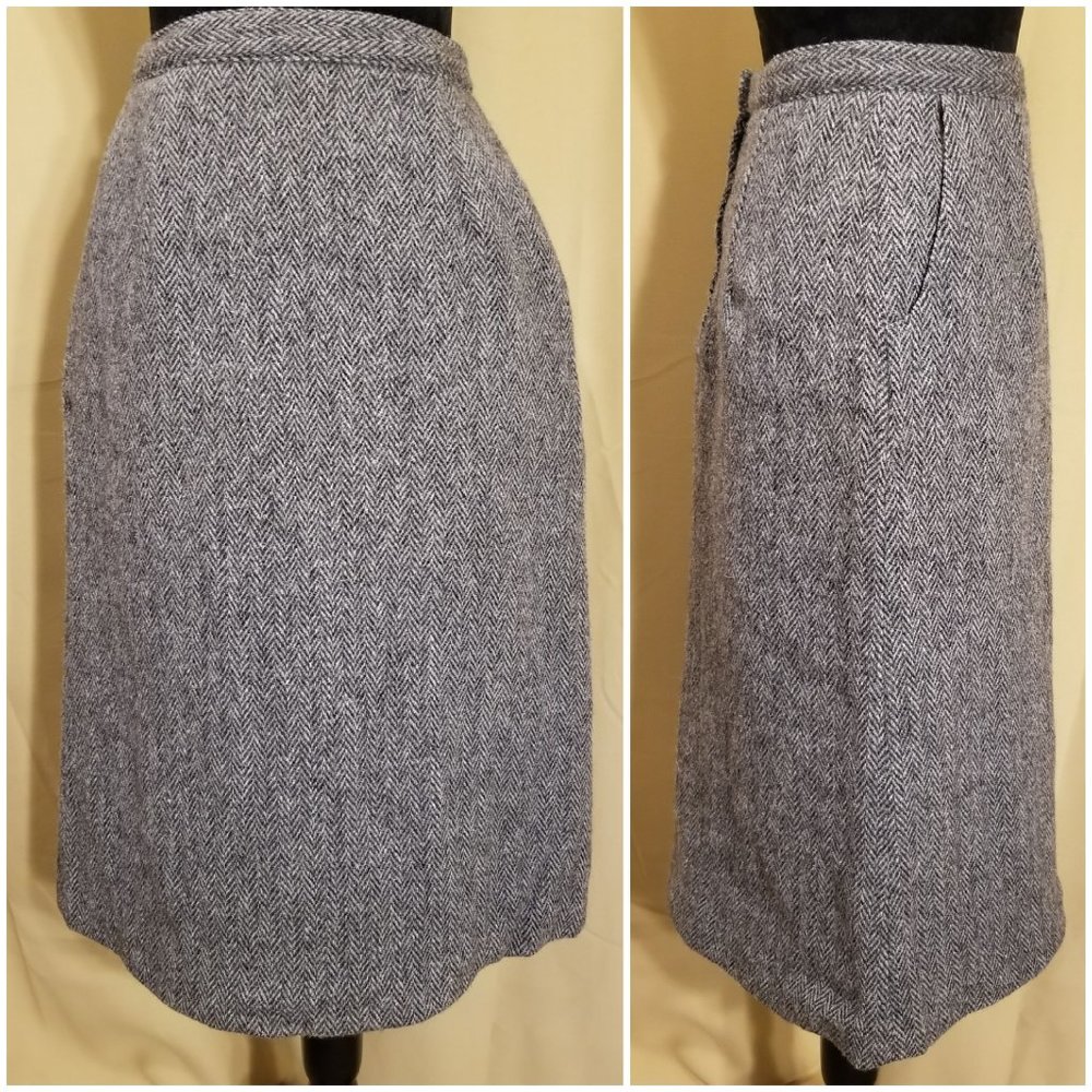 Vintage, Hannington of Boston, Herringbone Wool Tweed, Midcentury, Classic Skirt